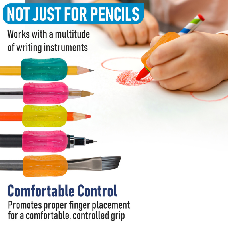 Colorful writing instruments with text highlighting their versatility and comfort.