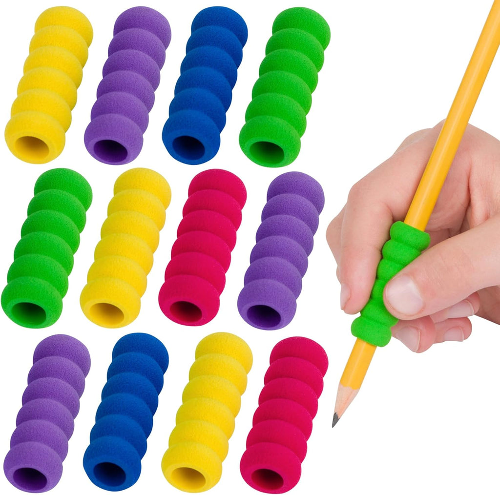Colorful pencil grips in various colors with a hand holding a yellow pencil with a green grip.