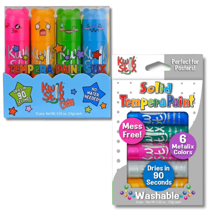 Two packages of Kwik Stix tempera paint sticks and solid tempera paint on a white background.