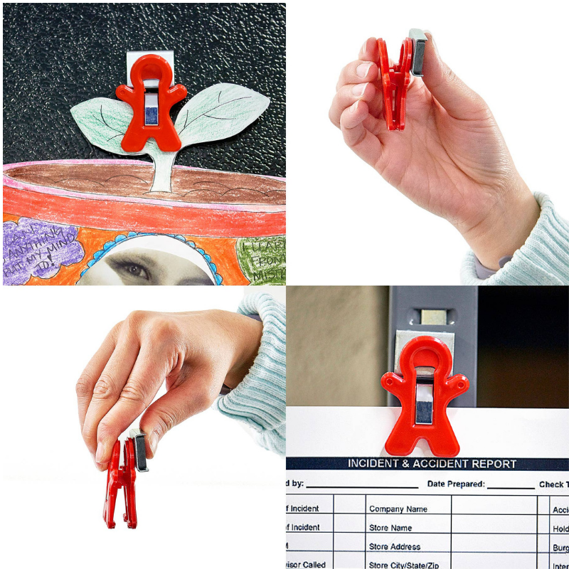 red magnet man magnetic clip on fridge, on filing cabinet, in hand