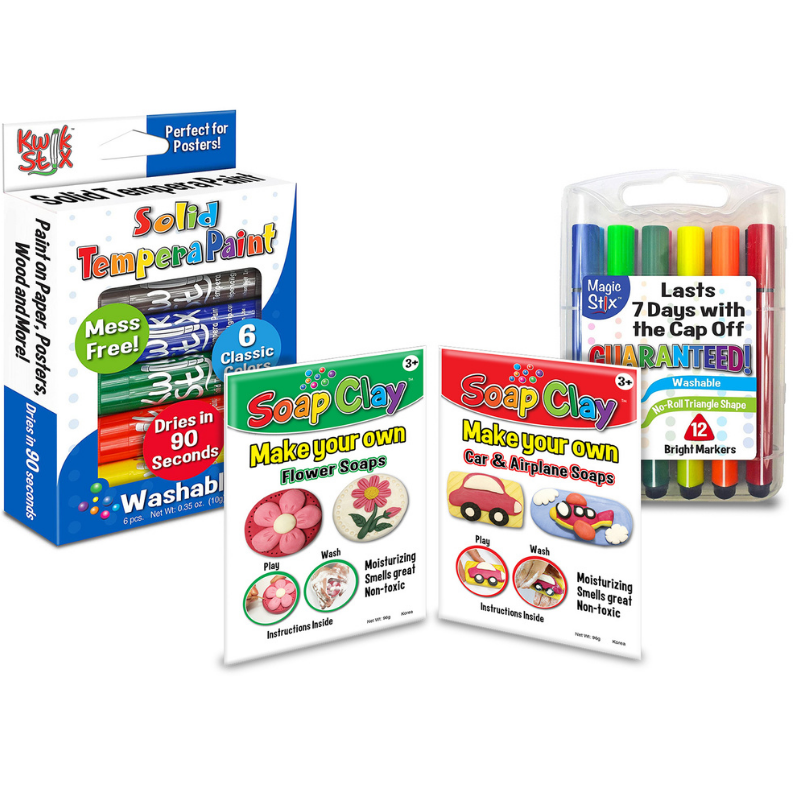 6 classic kwik stix pack, 12 magic stix markers, soap clay flower kit, soap clay air and airplane kit