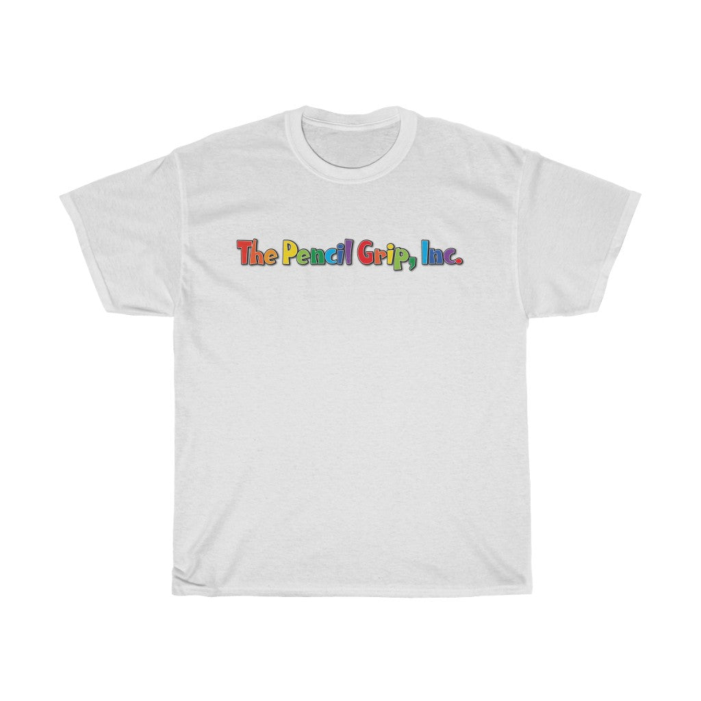 white tshirt with rainbow the pencil grip, inc. logo on front