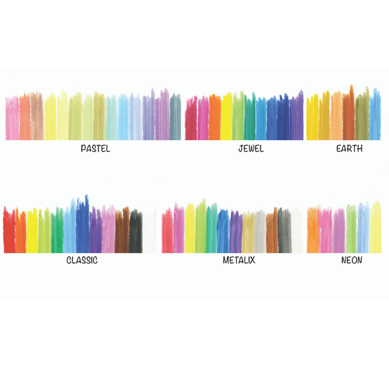 pastel, jewel, earth, classic, metalix and neon colored kwik stix paint swatches
